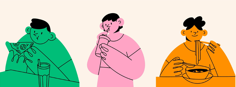 Drawn image of three line figures eating/drinking on a beige background. They all have squiggly hands, short hair with bangs, and are wearing T-shirts. 

First figure on the left is green and is chewing with a pizza in their hand. In front of them sits a beverage with a straw.  Second figure is coloured in pink, holding onto a drink with both hands, sipping through a straw.  The third figure is coloured in orange, smiling in front of a bowl of soup, holding a chopstick-full of noodles in one hand and holding a spoon in the other.
