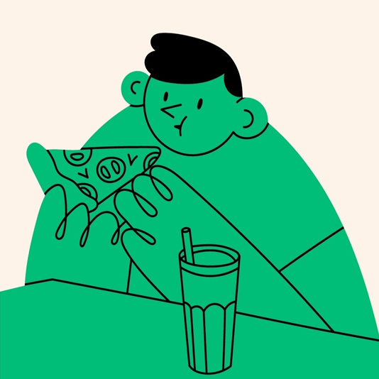 Drawn image of three line figures eating/drinking on a beige background. They all have squiggly hands, short hair with bangs, and are wearing T-shirts. 

First figure on the left is green and is chewing with a pizza in their hand. In front of them sits a beverage with a straw.  Second figure is coloured in pink, holding onto a drink with both hands, sipping through a straw.  The third figure is coloured in orange, smiling in front of a bowl of soup, holding a chopstick-full of noodles in one hand and holding a spoon in the other.