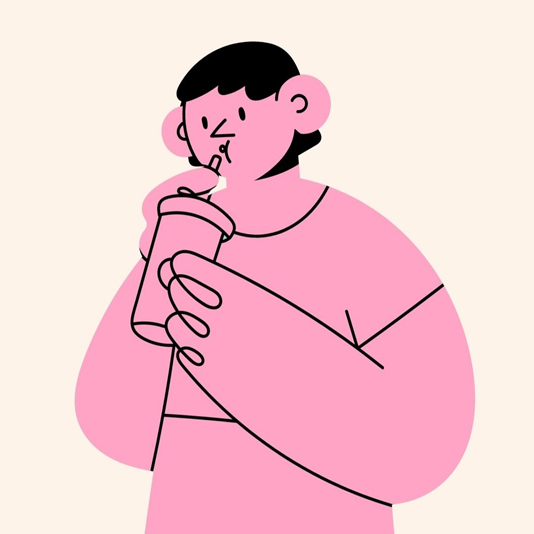 Drawn image of three line figures eating/drinking on a beige background. They all have squiggly hands, short hair with bangs, and are wearing T-shirts. 

First figure on the left is green and is chewing with a pizza in their hand. In front of them sits a beverage with a straw.  Second figure is coloured in pink, holding onto a drink with both hands, sipping through a straw.  The third figure is coloured in orange, smiling in front of a bowl of soup, holding a chopstick-full of noodles in one hand and holding a spoon in the other.