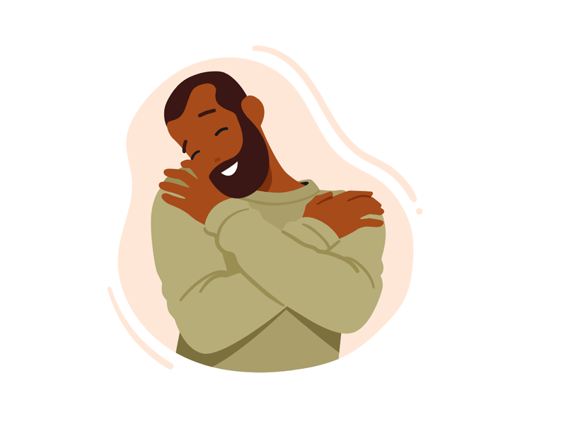 A graphic showing a brown person hugging themselves with a light smile. This could represent the self-love cultivated when finding self fulfillment in Ontario, CA. Learn more about personal fulfillment in Ontario, CA by searching for a therapist in Ontario. They can assist you with online therapy in Ontario today.