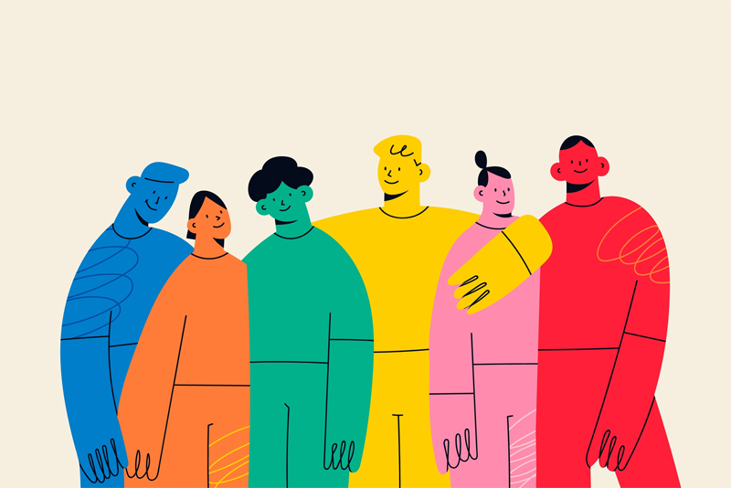 A group of six line-drawn figures stand close together smiling in front of a pale yellow background.  Each figure is a solid bright colour with squiggly lines as hands.   From left to right each figures’ colours are blue, orange, green, yellow, pink, and red.  They are leaning against each other with the yellow figure in the centre having their arms around the green and pink figure.  