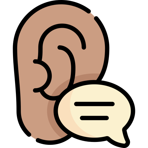 Icon. An ear with a speech bubble at its lobe. 